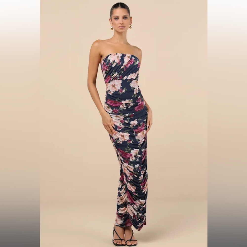 Lulu's Averie Navy Floral Mesh Strapless Maxi Dress